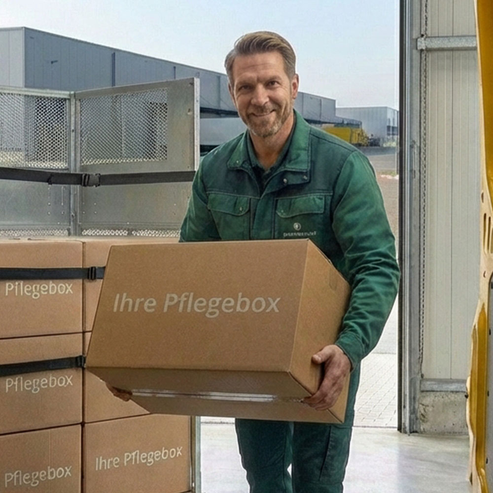 Mitarbeiter mit fertig gepackter Pflegebox